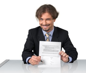 Portrait of a Sleazy Businessman Showing Contract