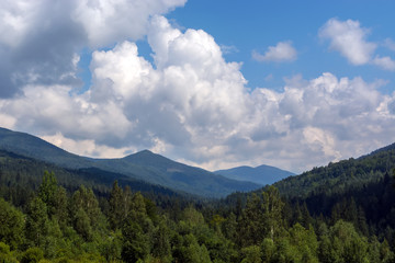 landscapes of mountains covered with dense coniferous forest, against a blue sky with clouds