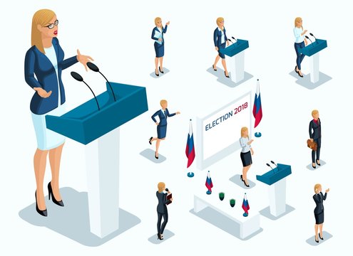 Isometry is a woman president, voting, elections, debate. Gestures of Candidate, slogans of a businesswoman, power, beautiful legs and expensive suits