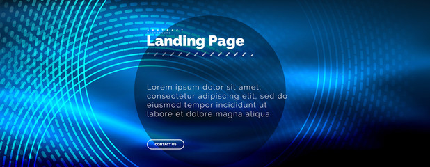 Neon glowing techno lines, hi-tech futuristic abstract background template with circles, landing page template