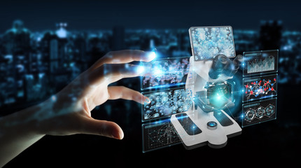 Businesswoman using modern microscope with digital analysis 3D rendering