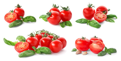 Set with delicious ripe tomatoes on white background