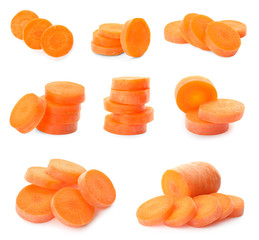 Set with ripe sliced carrots on white background