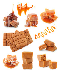 Set with delicious caramel candies and sauce on white background