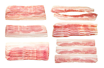 Set with raw bacon rashers on white background