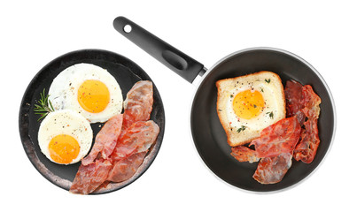 Set with fried eggs and bacon on white background, top view