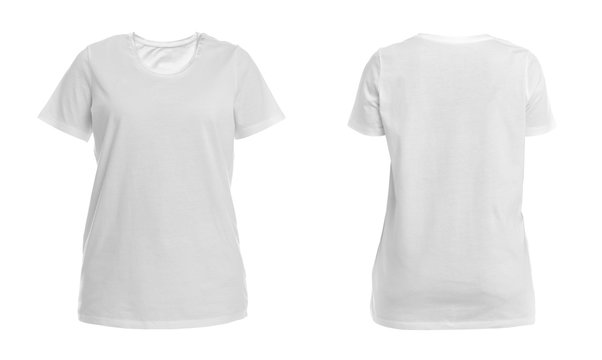 Front and back views of blank t-shirt on white background