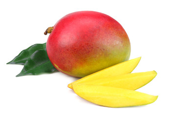 mango slice with green leaves isolated on white background. healthy food.