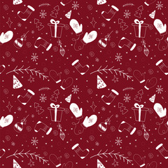 Christmas pattern in dark red color with doodle elements. Vector seamless pattern.