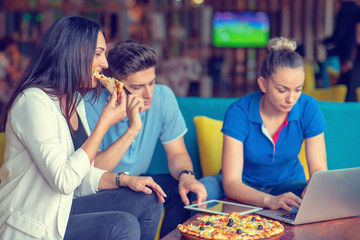 Students group eating pizza in breaking time early next study class having fun and enjoy party italian food slice