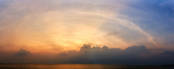 Panoramic sunset with fluffy clouds in the twilight sky,Sunlight with dramatic cloud over sea