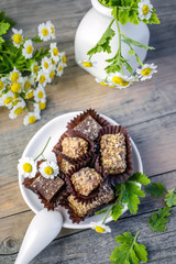 Handmade chocolates on the table. Selective focus