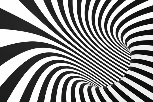 Black and white spiral tunnel. Striped twisted hypnotic optical illusion. Abstract background. 3D render.