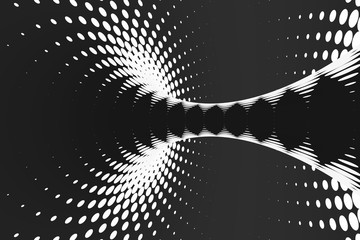 Black and white dotted spiral tunnel. Striped twisted spotted optical illusion. Abstract halftone background. 3D render.