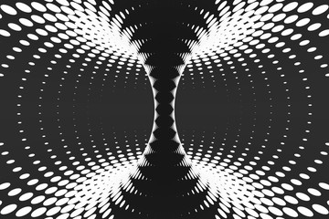 Black and white dotted spiral tunnel. Striped twisted spotted optical illusion. Abstract halftone background. 3D render.