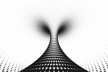 Black and white dotted spiral tunnel. Striped twisted spotted optical illusion. Abstract halftone background. 3D render.