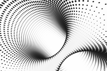 Black and white dotted spiral tunnel. Striped twisted spotted optical illusion. Abstract halftone background. 3D render.