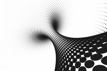 Black and white dotted spiral tunnel. Striped twisted spotted optical illusion. Abstract halftone background. 3D render.