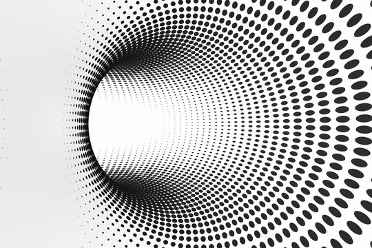 Black and white dotted spiral tunnel. Striped twisted spotted optical illusion. Abstract halftone background. 3D render.