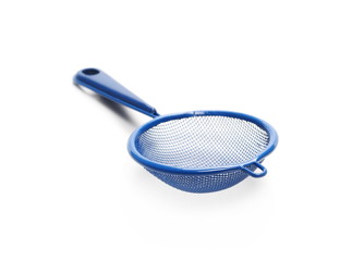 Blue metal sieve isolated on white background