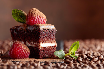 Closeup of chocolate cake with raspberry and mint .