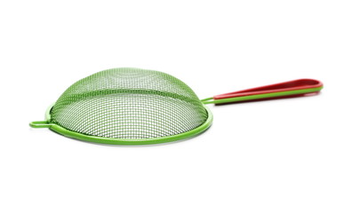 Colorful metal sieve isolated on white background