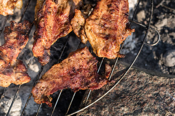 Tasty pork on the grill. Grilled delicacies for a party in a home garden.