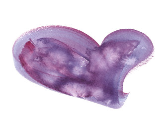 Big asymmetrical purple heart painted in watercolor on clean white background. Illustration with rough canvas texture