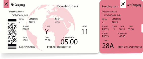 Airplane ticket. Boarding pass ticket template. Vector illustration in red or rose colors
