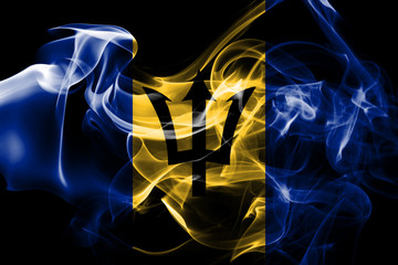 National flag of Barbados made from colored smoke isolated on black background - obrazy, fototapety, plakaty