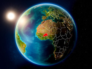 Burkina Faso with sunset from space