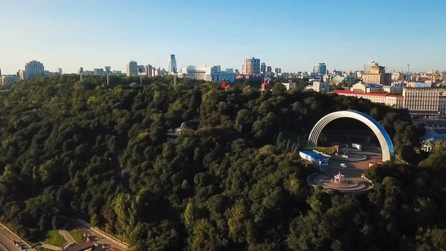 People's Friendship Arch Kiev (Kiyv) Ukraine and center down town. Aerial drone video footage from above. Welcome to Kiev