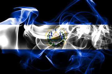 National flag of El Salvador made from colored smoke isolated on black background - obrazy, fototapety, plakaty