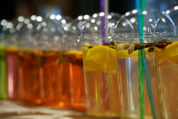 Beverage colorful drinks on the street market, chilled fruit drinks with ice in Asia.