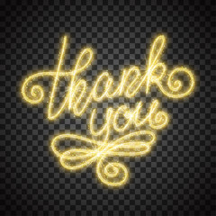 Thank you shiny hand lettering with sparkles on transparent background. Vector Illustration