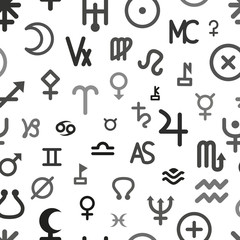 A lot of planet and constellations signs, astronomical seamless pattern on white