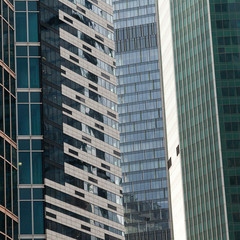 several office skyscrapers with different facades standing nearby