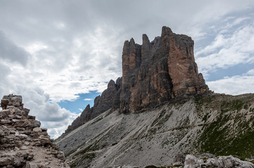 The Tre Cime di Lavaredo, the most famous peaks in the Italian Dolomites, on a summer afternoon