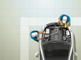 Computer diagnostics of the car engine/Two workers at the service station make diagnosis for malfunctions and the mistake of the car engine with the hood removed by the car computer.