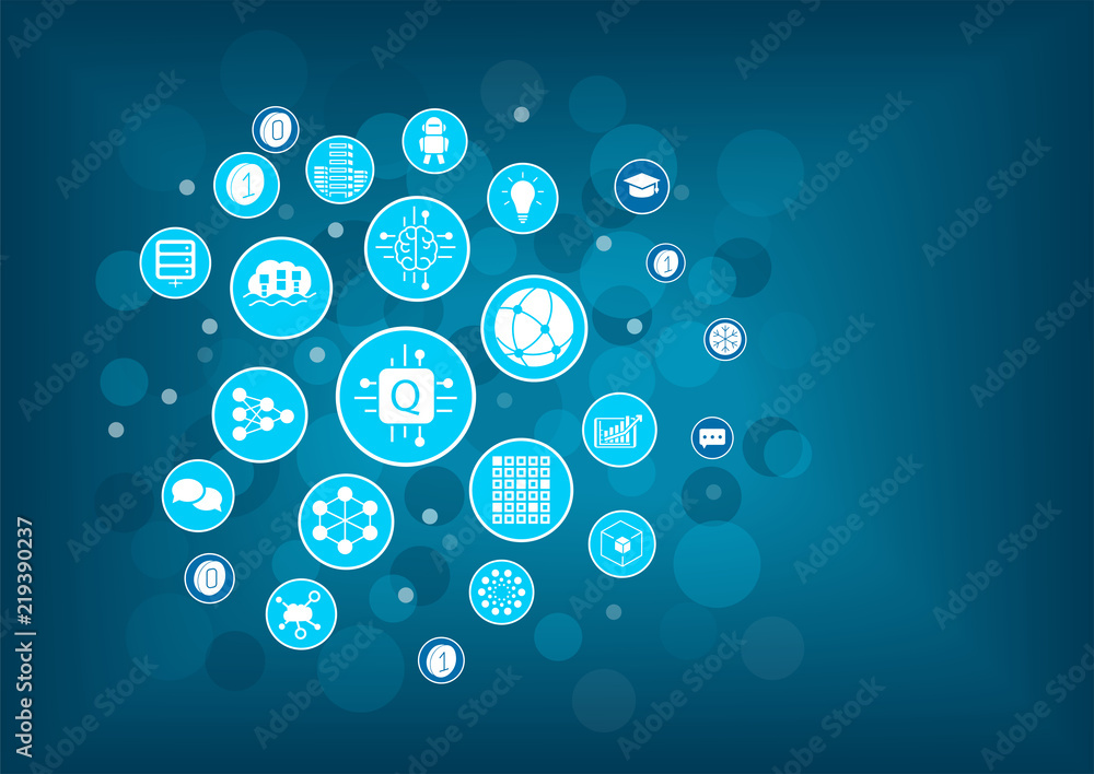 Poster quantum computing vector illustration as example for digital innovation. icons arranged as light bul
