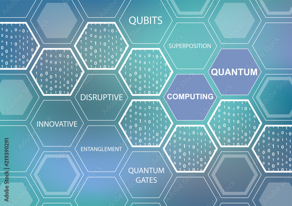 Poster quantum computing text on blurry green and blue background as vector illustration with hexagonal sha