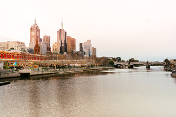 Melbourne, Australia - Aug 9, 2017: Yarra River toward Princess Bridge in Melbourne city.