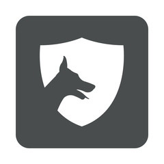 Icono plano escudo con cabeza perro en espacio negativo cuadrado gris