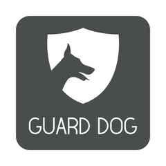 Icono plano GUARD DOG y cabeza de perro en espacio negativo en escudo en cuadrado gris