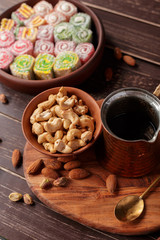 Turkish delight on a wooden table.
