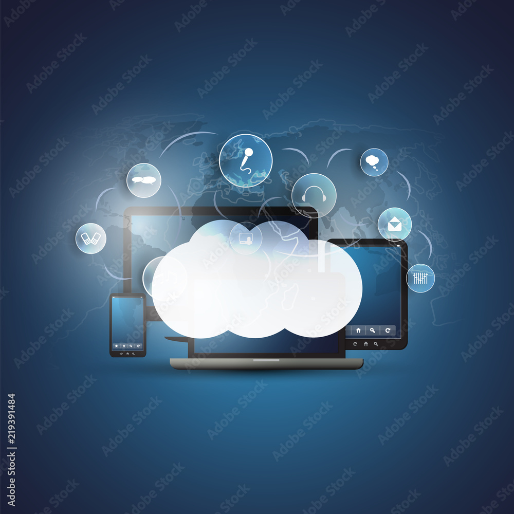 Poster cloud computing design concept with electronic devices, world map and icons representing digital med