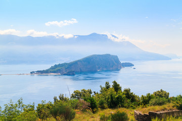 View from above on Adriatic sea coastline and Sveti Nikola island near Budva city at Montenegro, nature landscape, vacations to the summer paradise