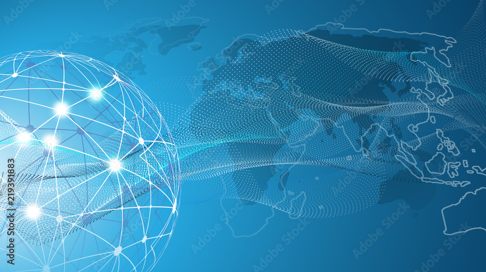 Poster futuristic bright global technology, networking and cloud computing design concept with globe and wo
