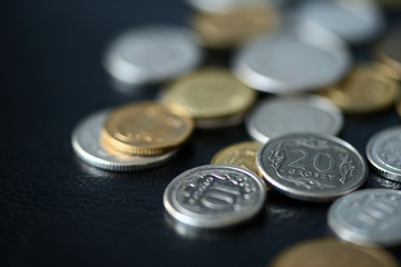 Some Polish coins scattered on a dark background close up
