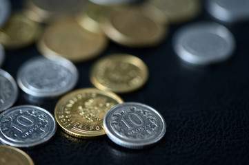 Some Polish coins scattered on a dark background close up
